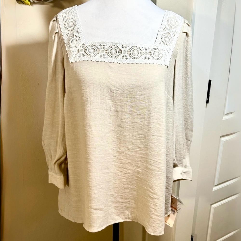 NANETTE LEPORE Lace Square Neck 3/4 Sleeve Blouse in Light Stone NWT Sz S